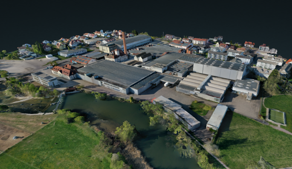Lauffenmühle Areal aus dem 3D Rendering mit der Drohnenaufnahme zwecks Vermessung und Planung der 3D Rundgänge