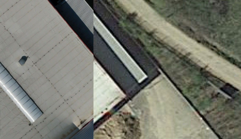 Vergleichsbild von Bitblade Vision's Bitmap 3D Drohnenvermessungstechnologie und Google Earth's Satellitenbild zeigt eine Dachfläche mit deutlichen Unterschieden in der Detailgenauigkeit.