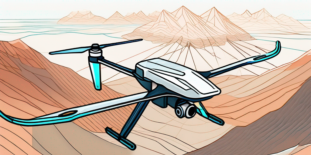 Drohne fliegt ueber weite Landschaft und erfasst detaillierte topografische Daten.